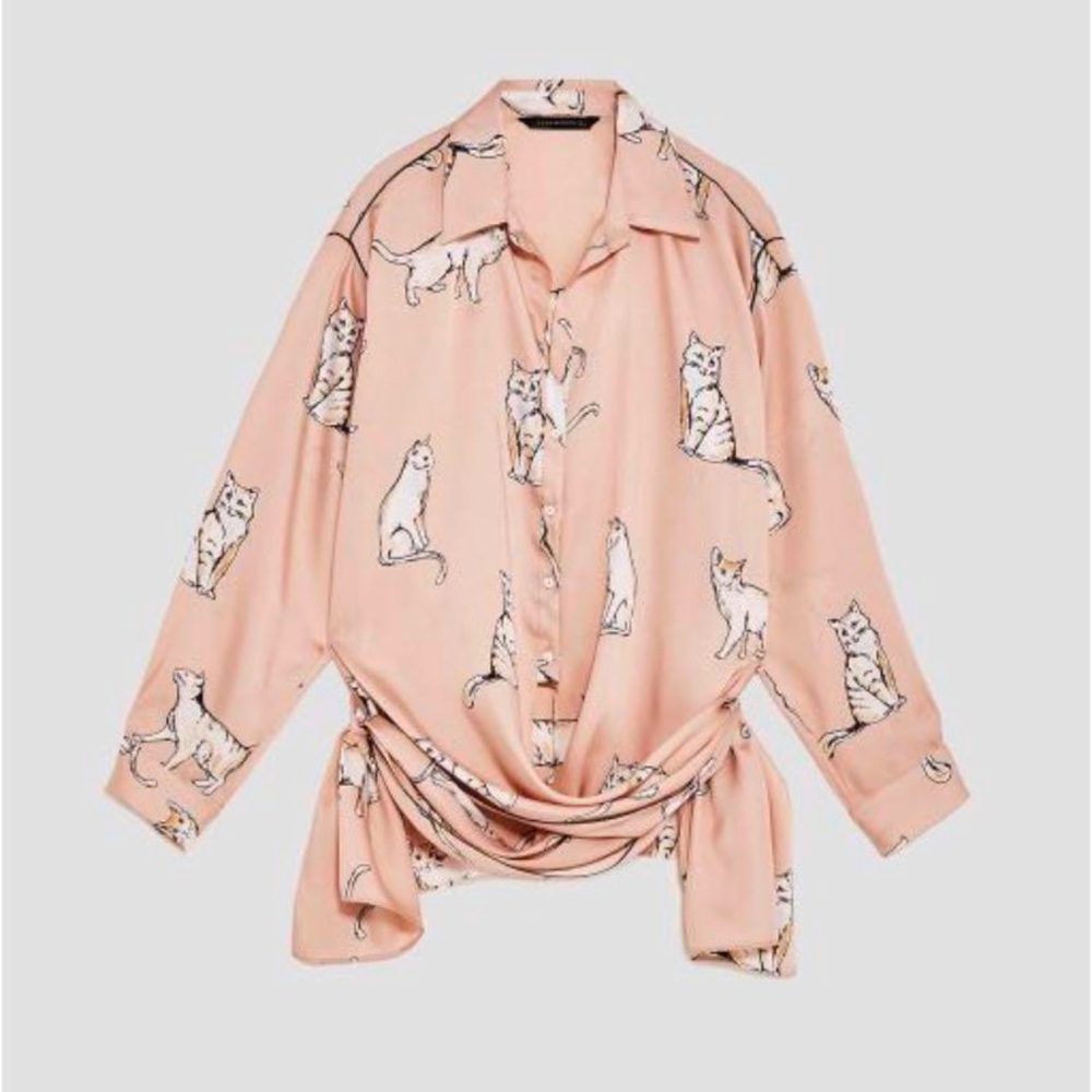 ZARA Cat Print Tie-Front Sateen Blouse Size large